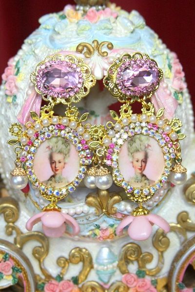 SOLD! 3598 Young Marie Antoinette Pink Crystal Hand Painted Leaf Rose Elegant Earrings Studs