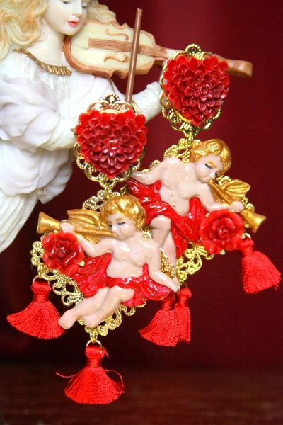 SOLD! 3605 Total Baroque Faced Hand Painted Red Rose Cherubs Angel Studs Earrings