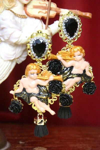 SOLD! 3606 Total Baroque Faced Hand Painted Red Rose Cherubs Angel Studs Earrings