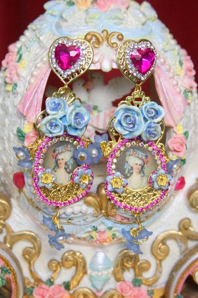 SOLD! 3607 Marie Antoinette Fuchsia Crystal Hand Painted Blue Rose Elegant Earrings Studs
