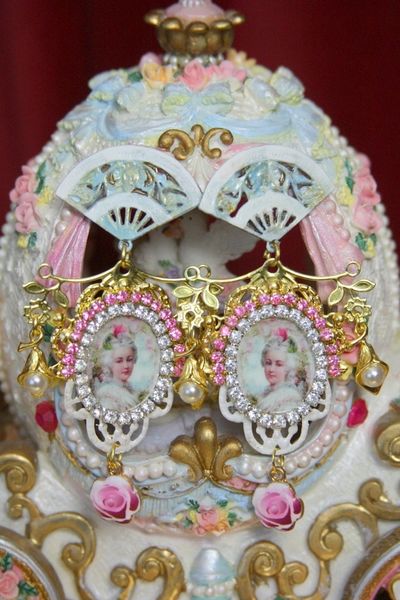 SOLD! 3608 Marie Antoinette Fan Crystal Hand Painted Blue Rose Elegant Earrings Studs