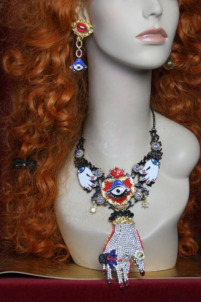 SOLD! 3609 Set Of Enamel Crystal Hand Eye Huge Necklace+ Earrings