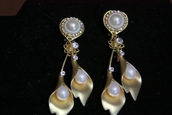 SOLD! 3615 Lily Calla Gold Tone Pearl Crystal Studs Earrings