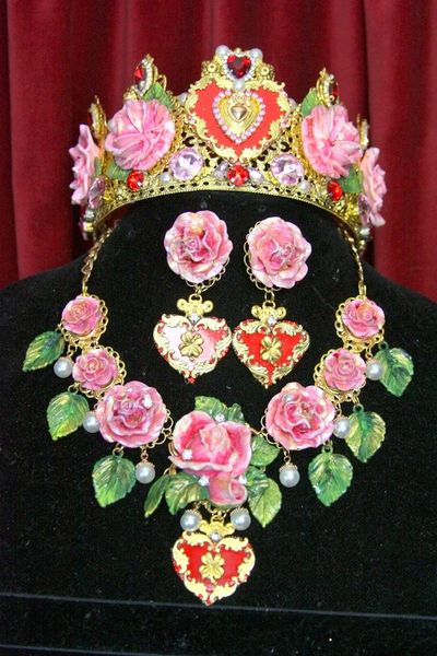 SOLD! 3619 Set Of Hand Painted Roses Red Pearl Necklace+ Earrings