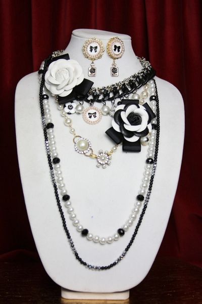 SOLD! 3625 Set Of Madam Coco Enamel Leather Camellias Enamel Charms Chains Necklace+ Earrings
