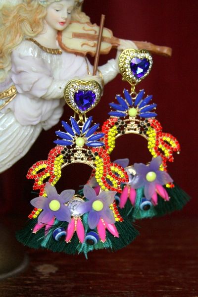 SOLD! 3626 Designer Inspired Parrot Tassel Massive Crystal Studs Earrings