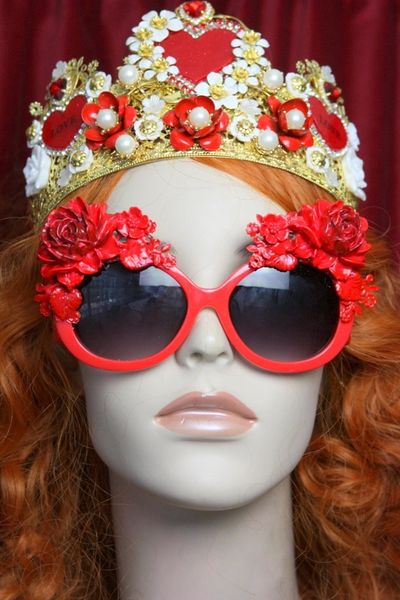 SOLD! 3642 Baroque Rococo Red Enamel Embellished Flower Sunglasses