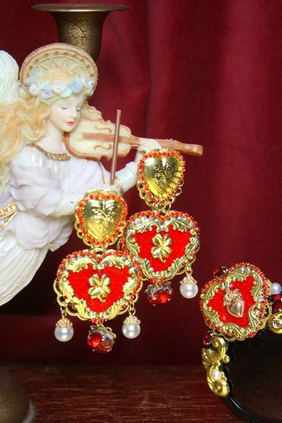 SOLD! 3650 Baroque Designer Inspired Red Heart Earrings Studs
