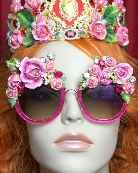 SOLD! 3648 Pink Hand Painted Roses Leaf Bee Baroque Sunglasses