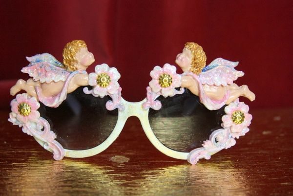 SOLD! 3654 Baroque Faced Cherubs Blue Flower Gold Touch Embellished Sunglasses