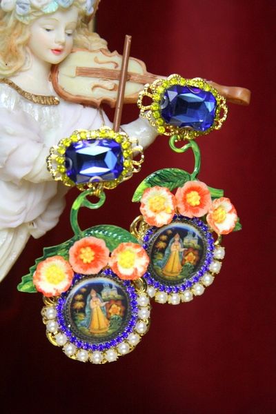 SOLD! 3655 Russian Fairytale Cameo Blue Crystal Earrings Studs