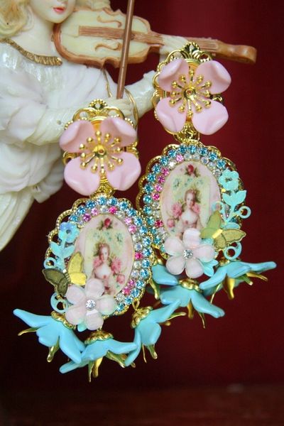 SOLD! 3659 Young Marie Antoinette Dangle Flowers Aqua Butterfly Rose Elegant Earrings Studs
