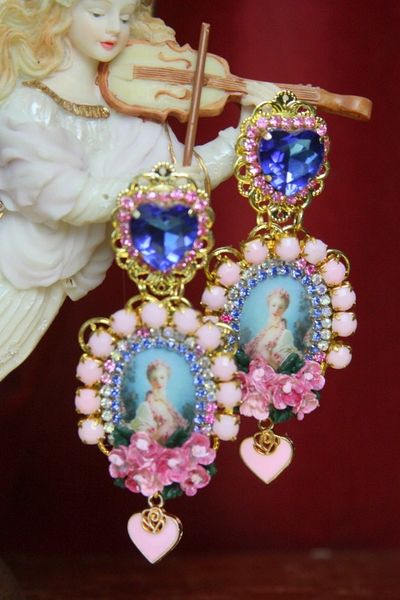 SOLD! 3660 Young Marie Antoinette Blue Crystal Heart Rose Elegant Earrings Studs