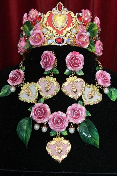 SOLD! 3661 Set Of Hand Painted Roses Pink Pearl Necklace+ Earrings