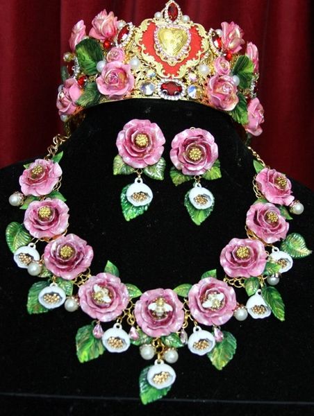 SOLD! 3662 Set Of Hand Painted Roses Enamel Bee Pink Pearl Necklace+ Earrings