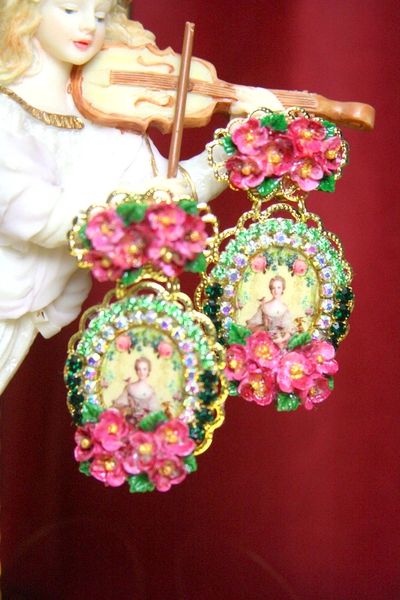 SOLD! 3663 Young Marie Antoinette Hand Painted Flowers Rose Elegant Earrings Studs