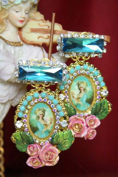 SOLD! 3664 Aqua Crystal Marie Antoinette Hand Painted Flowers Rose Elegant Earrings Studs