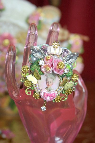 SOLD! 3667 Hand Painted Young Marie Antoinette Butterfly Adjustable Cocktail Huge Ring