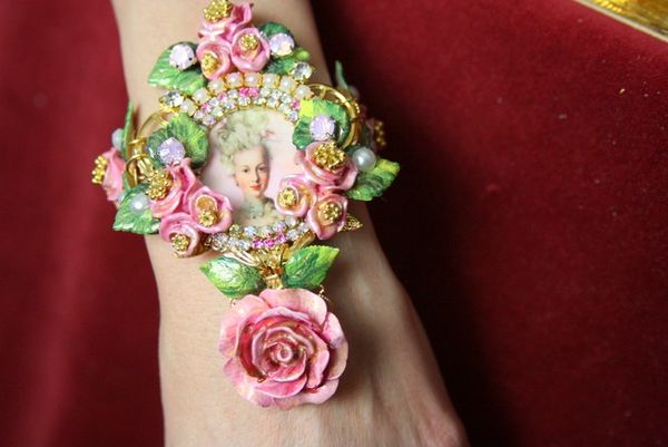 SOLD! 3668 Enamel Earrings + Victorian Marie Antoinette Massive 3D Enamel Flower Cuff Bracelet Bangle
