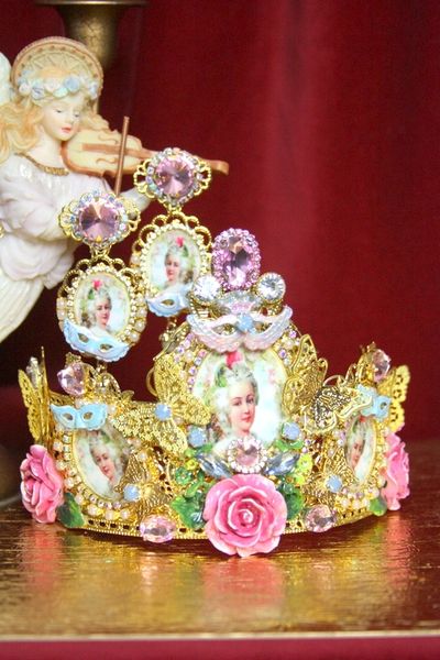 SOLD! 3675 Set Of Earrings + Marie Antoinette Hand Painted MAsk Pink Crystal Flower Crown Headband