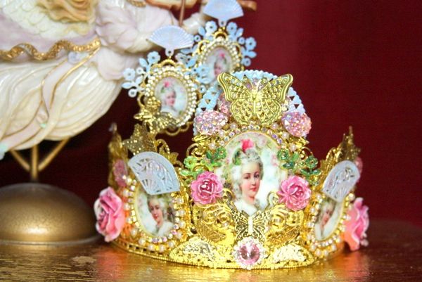 SOLD! 3676 Set Of Earrings + Marie Antoinette Hand Painted MAsk Pink Crystal Flower Crown Headband