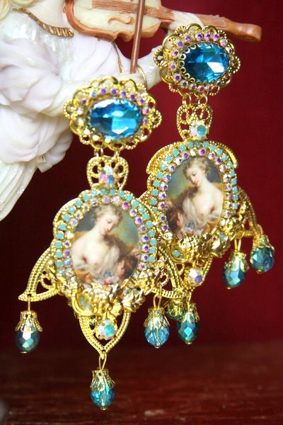 SOLD! 3690 Victorian Lady Cameo Dangle Aqua Crystal Earrings Studs