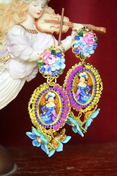SOLD! 3691 Juicy Colors Victorian Lady Cameo Dangle Flowers Earrings Studs