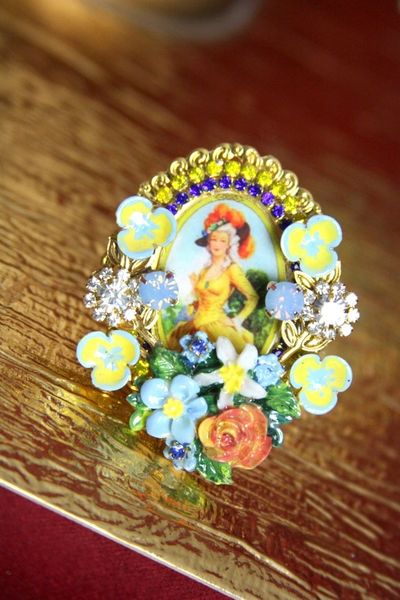 SOLD! 3692 Juicy Colors Hand Painted Victorian Lady Adjustable Cocktail Huge Ring