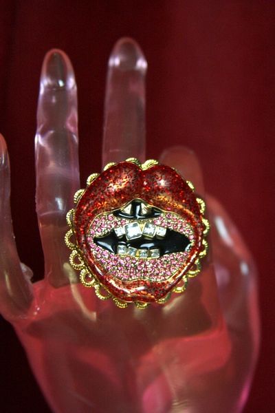 SOLD! 3693 Enamel Designer Inspired Lips Adjustable Cocktail Huge Ring