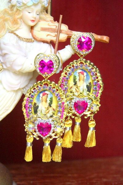 SOLD! 3696 Juicy Colors Victorian Lady Cameo Fuchsia Tassels Earrings Studs