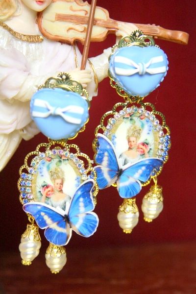 SOLD! 3697 Young Marie Antoinette Blue Butterfly Pearl Elegant Earrings Studs