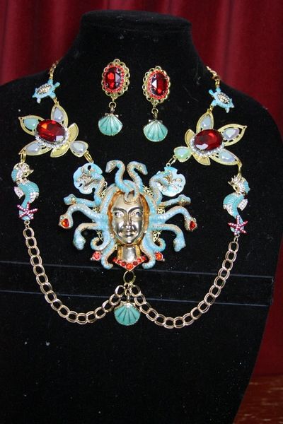 SOLD! 3698 Set Of Medieval Medusa Gorgon Greek Mythology Crystal Necklace+ Earrings
