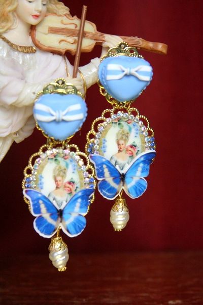 SOLD! 3702 Young Marie Antoinette Blue Butterfly Pearl Elegant Earrings Studs