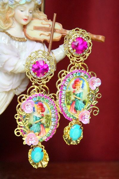SOLD! 3703 Juicy Colors Victorian Lady Cameo Fuchsia Earrings Studs