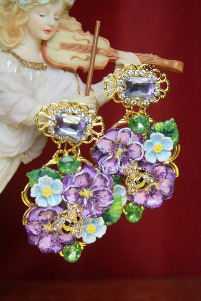 SOLD! 3704 Hand Painted Baroque Purple Flowers Bee Earrings Studs