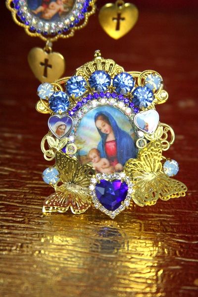 SOLD! 3707 Madonna Virgin Mary Blue Crystal Butterfly Adjustable Cocktail Huge Ring