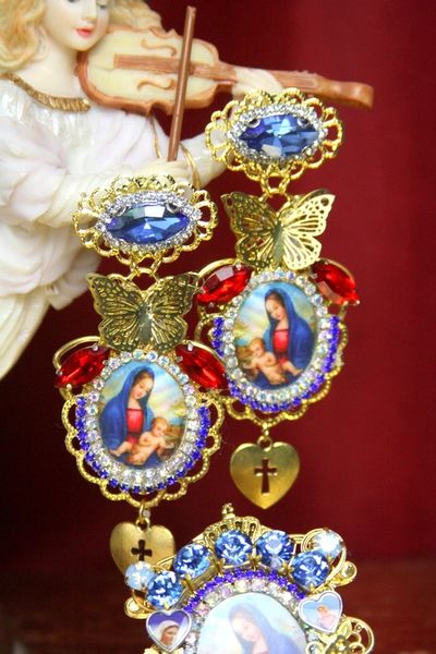 SOLD! 3708 Madonna Virgin Mary Butterfly Blue Crystal Earrings Studs
