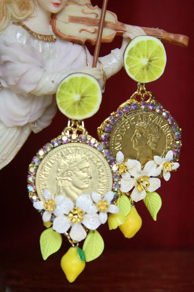SOLD! 3709 Baroque Roman Coin Caesar Lemon Earrings Studs