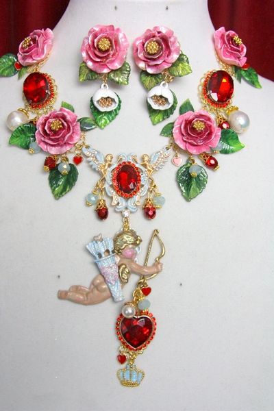 SOLD! 3710 Set Of Hand Painted Roses Biwa Pearl Cupid Cherub Pink Pearl Necklace+ Earrings