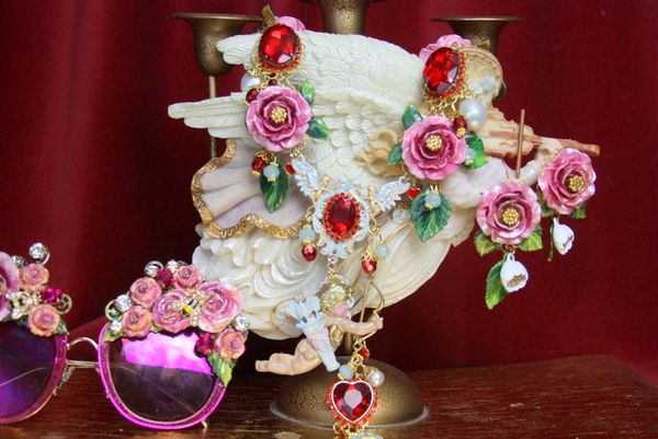 SOLD! 3701 Set Of Hand Painted Roses Cupid Cherub Pink Pearl Necklace+ Earrings