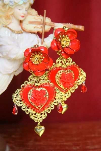 SOLD! 3712 Baroque Red Heart Rose Crystal Earrings Studs