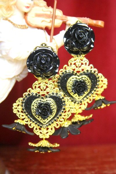 SOLD! 3713 Baroque Black Heart Dangle Flowers Crystal Earrings Studs