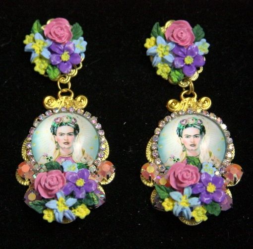 SOLD! 3716 Frida Kahlo Cameo Hand Painted Flower Studs Earrings