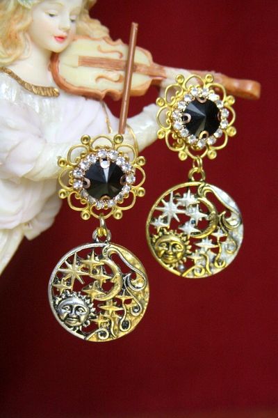 SOLD! 3720 Gold Tone Massive Star Moon Hand Painted Earrings