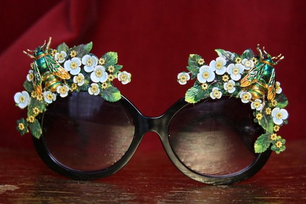 SOLD! 3721 Baroque Embellished Enamel Bee Blue Flower Sunglasses