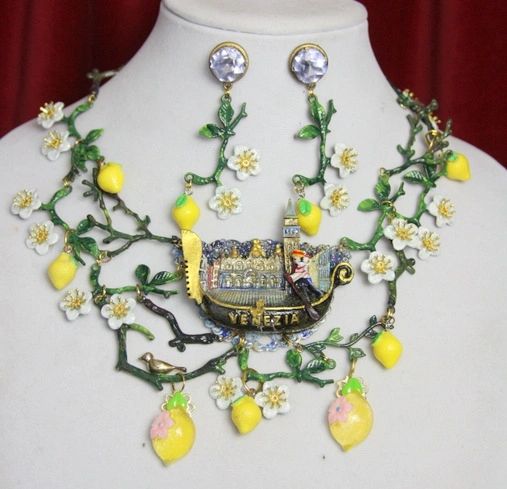 SOLD! 3724 Set Of Whimsical Venice Gondola Lemon Hand Painted Necklace+ Earrings