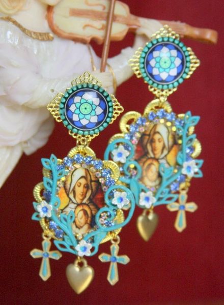 SOLD! 3725 Madonna Virgin Mary Stained Glass Pattern Hnd Paiunted Earrings Studs
