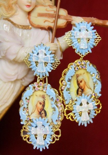 SOLD! 3726 Madonna Virgin Mary Hand Painted Cross Blue Earrings Studs