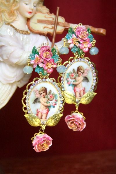 SOLD! 3730 Cupid Cherub Hand Painted Roses Earrings Studs
