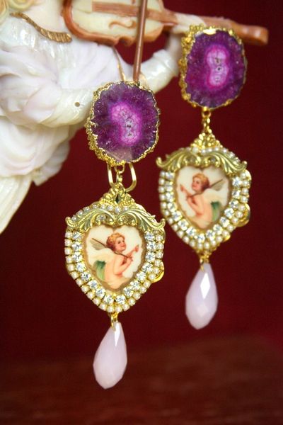 SOLD! 3731 Genuine Purple Agate Cupid Cherub Heart Earrings Studs